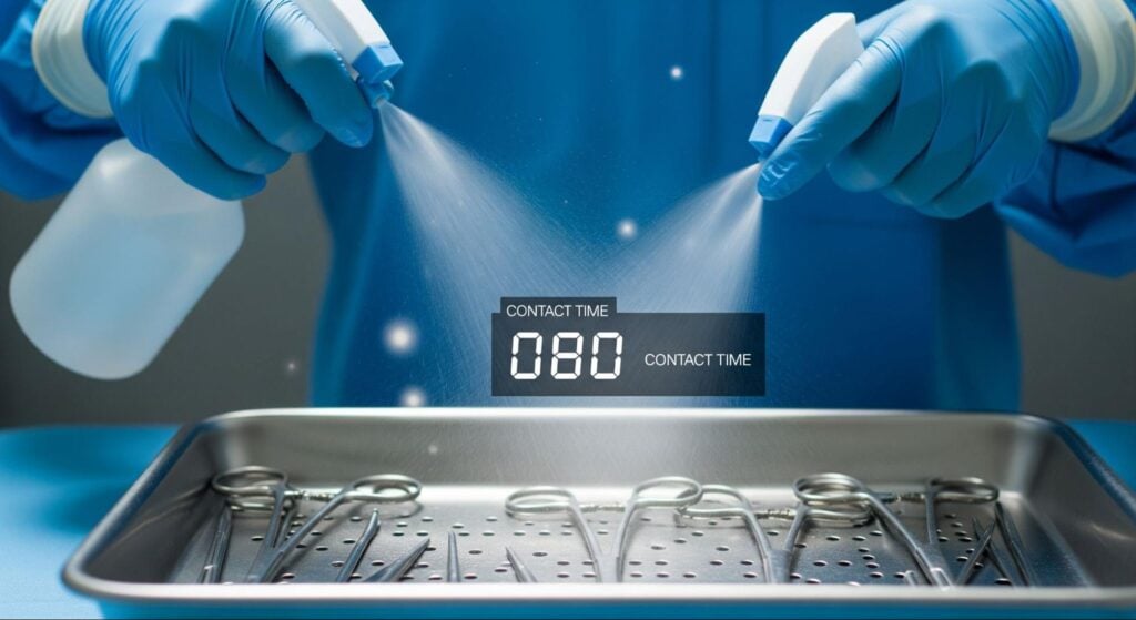 Close-up of a healthcare worker wearing blue gloves and scrubs spraying disinfectant onto surgical instruments in a metal tray. A digital overlay on the image reads 'Contact Time: 080,' emphasizing the importance of proper disinfectant contact time for sterilization.