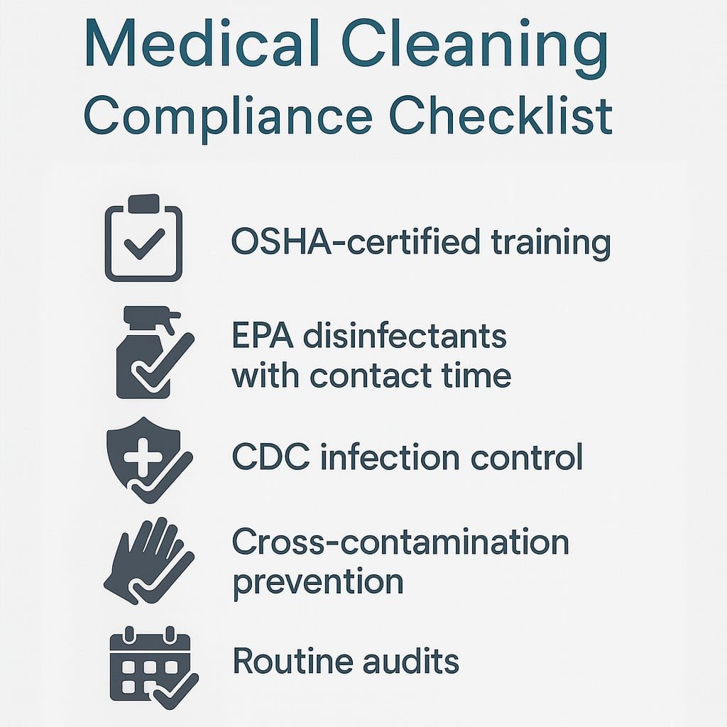 Medical Cleaning Compliance Checklist infographic displaying five key standards: OSHA-certified training, use of EPA disinfectants with proper contact time, CDC infection control, cross-contamination prevention, and routine audits. Each item is accompanied by a matching icon in dark blue.