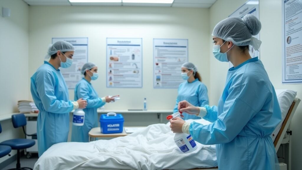 Four healthcare workers wearing blue protective gowns, hairnets, masks, and gloves are disinfecting a hospital room. Two are holding spray bottles and cleaning a patient bed, while the other two stand nearby with disinfectant supplies. Informational posters are visible on the walls, emphasizing sanitation and infection control protocols.