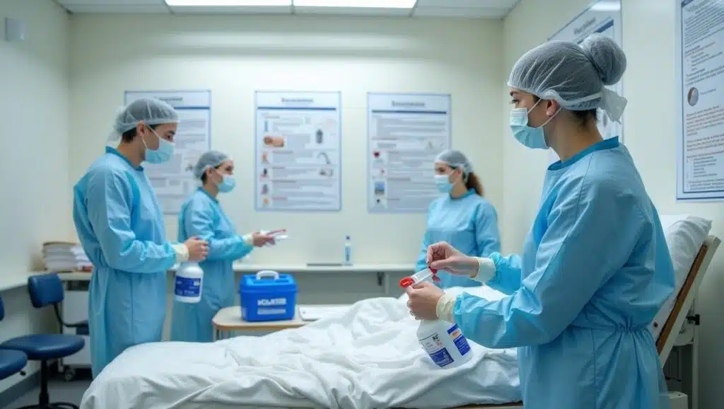 Four healthcare workers wearing blue protective gowns, hairnets, masks, and gloves are disinfecting a hospital room. Two are holding spray bottles and cleaning a patient bed, while the other two stand nearby with disinfectant supplies. Informational posters are visible on the walls, emphasizing sanitation and infection control protocols.