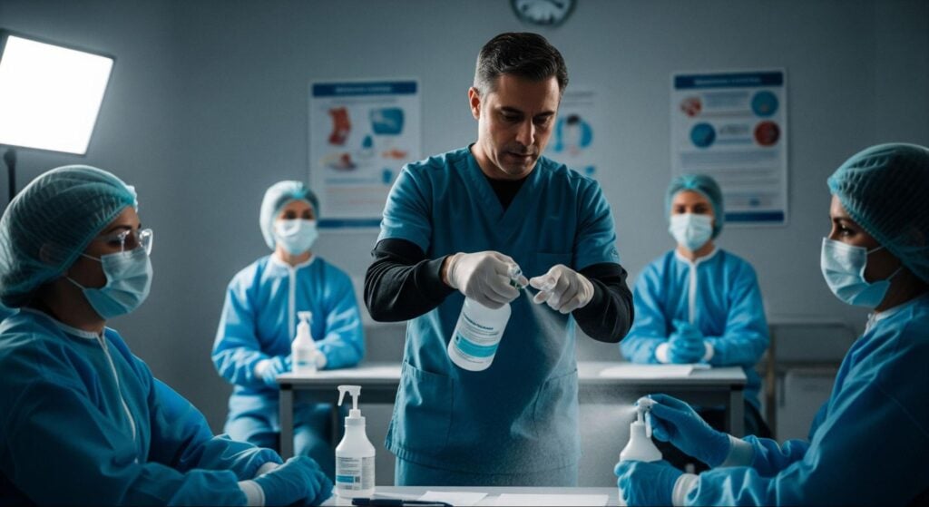 A medical cleaning instructor demonstrates proper disinfectant spray technique to a group of healthcare workers in training. Everyone is wearing blue scrubs, masks, gloves, and hairnets in a classroom setting with posters on infection control visible on the walls.