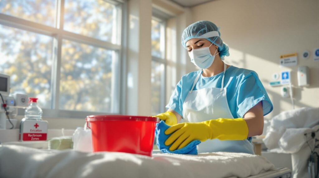Healthcare worker wearing a mask, hairnet, apron, and yellow gloves cleans a hospital bed with a blue cloth next to a red cleaning bucket. Sunlight streams through large windows in the background, highlighting a clean and organized medical room.