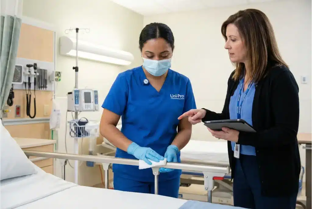 CHEST-certified technician performing healthcare cleaning in a clinical environment