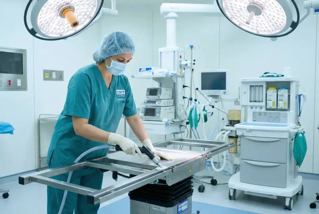 CSCT professional applying sterile cleaning procedures in a surgical suite