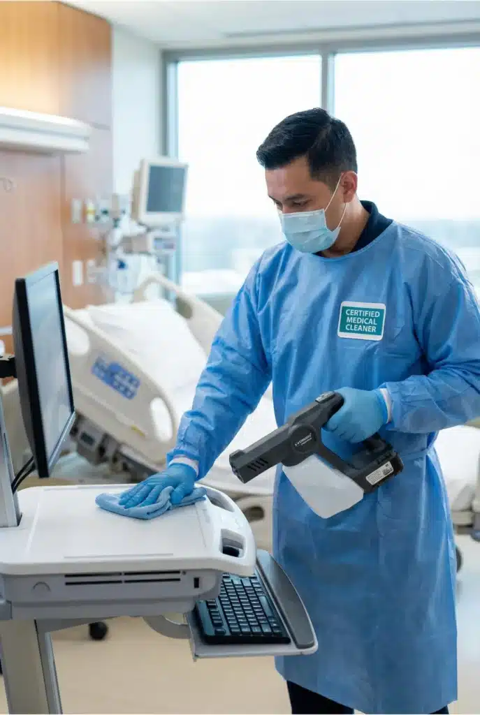 Medical cleaning company team following strict disinfection protocols for quality control