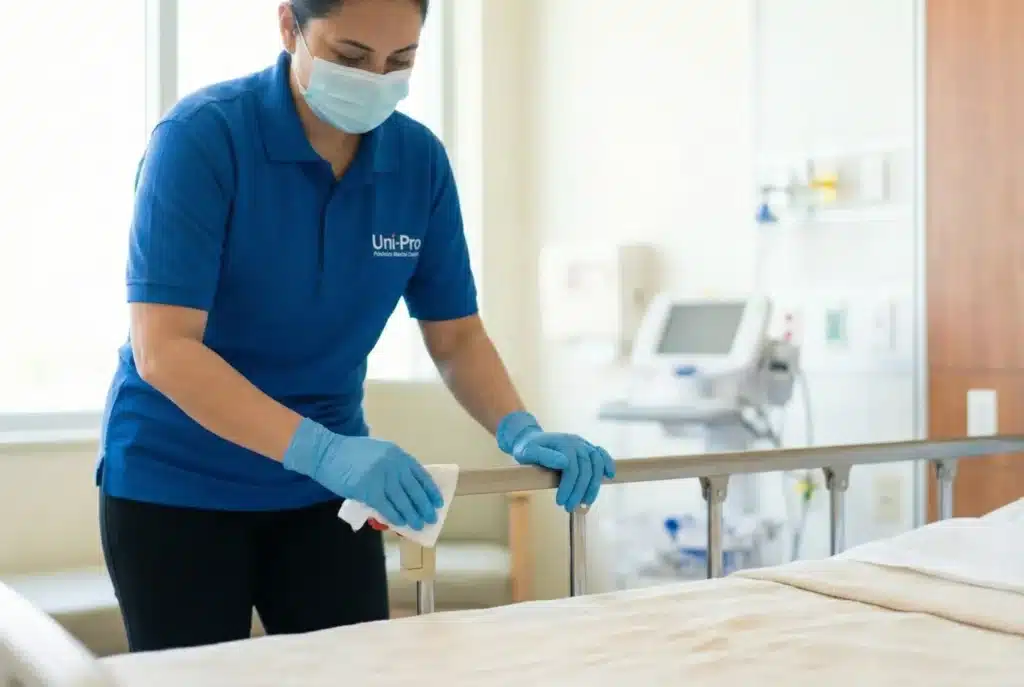 Hospital patient room being disinfected by a medical cleaning technician
