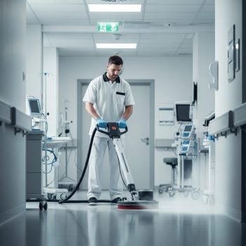 Technician cleaning in a medical exam room